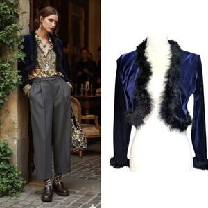M Studio Midnight Blue Velvet Shrug Feather Trimmed Size s